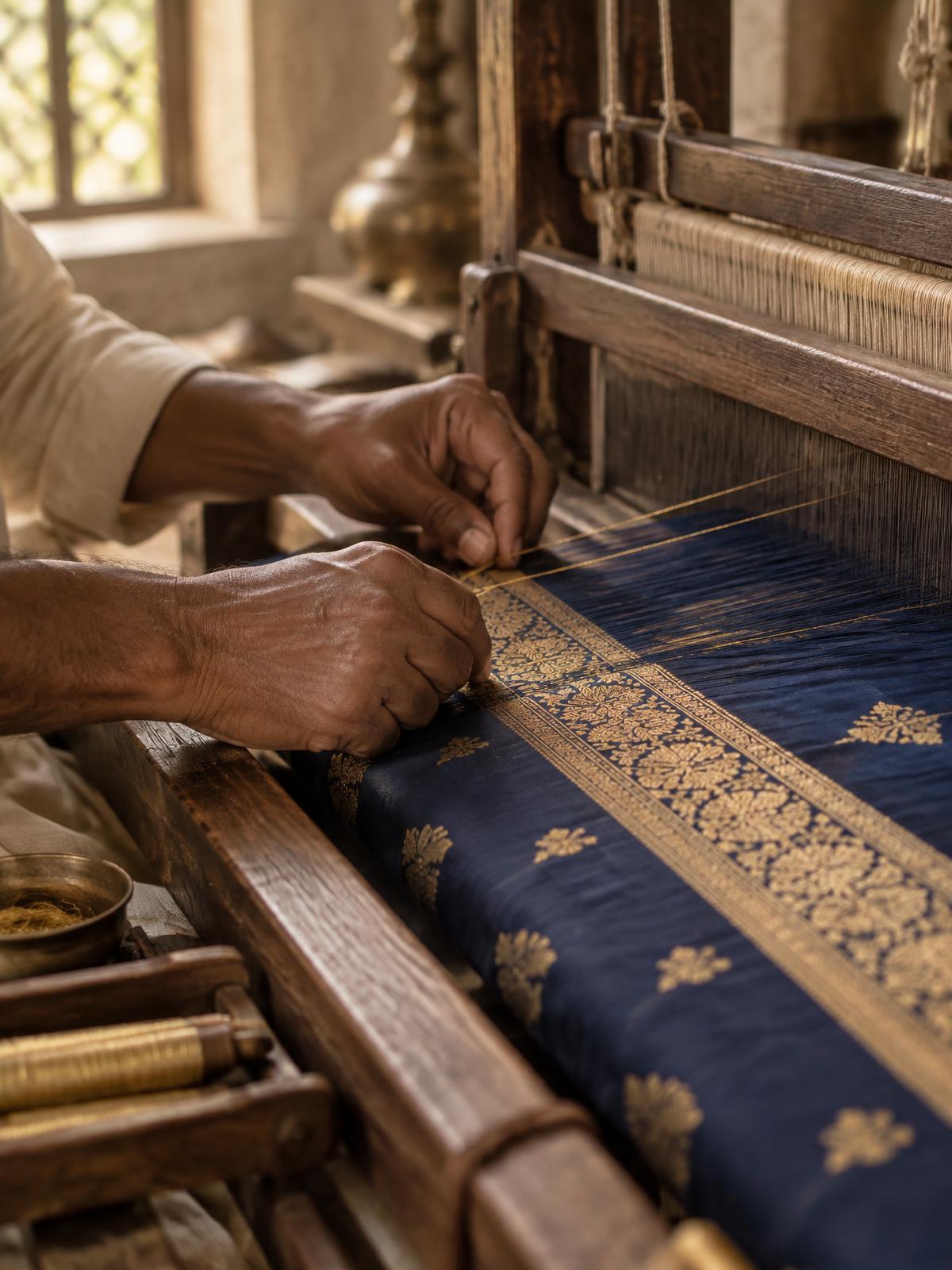 An artisan's hands guiding gold zari thread through indigo silk on a wooden handloom